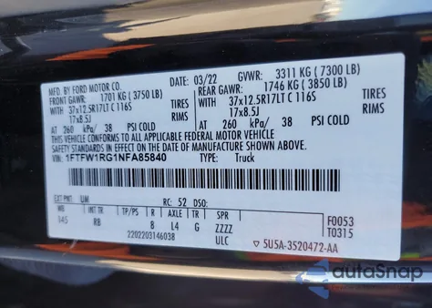 2022 Ford F-150 Raptor z USA, uszkodzony, nr VIN 1FTFW1RG1NFA85840